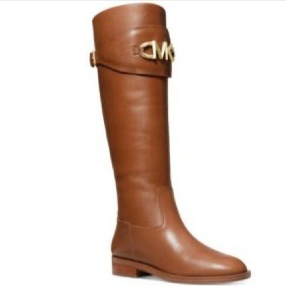 Michael Kors Izzy Tall Leather Riding Boots Luggage Tan Logo 9.5M Equestrian NWB - Picture 2 of 15